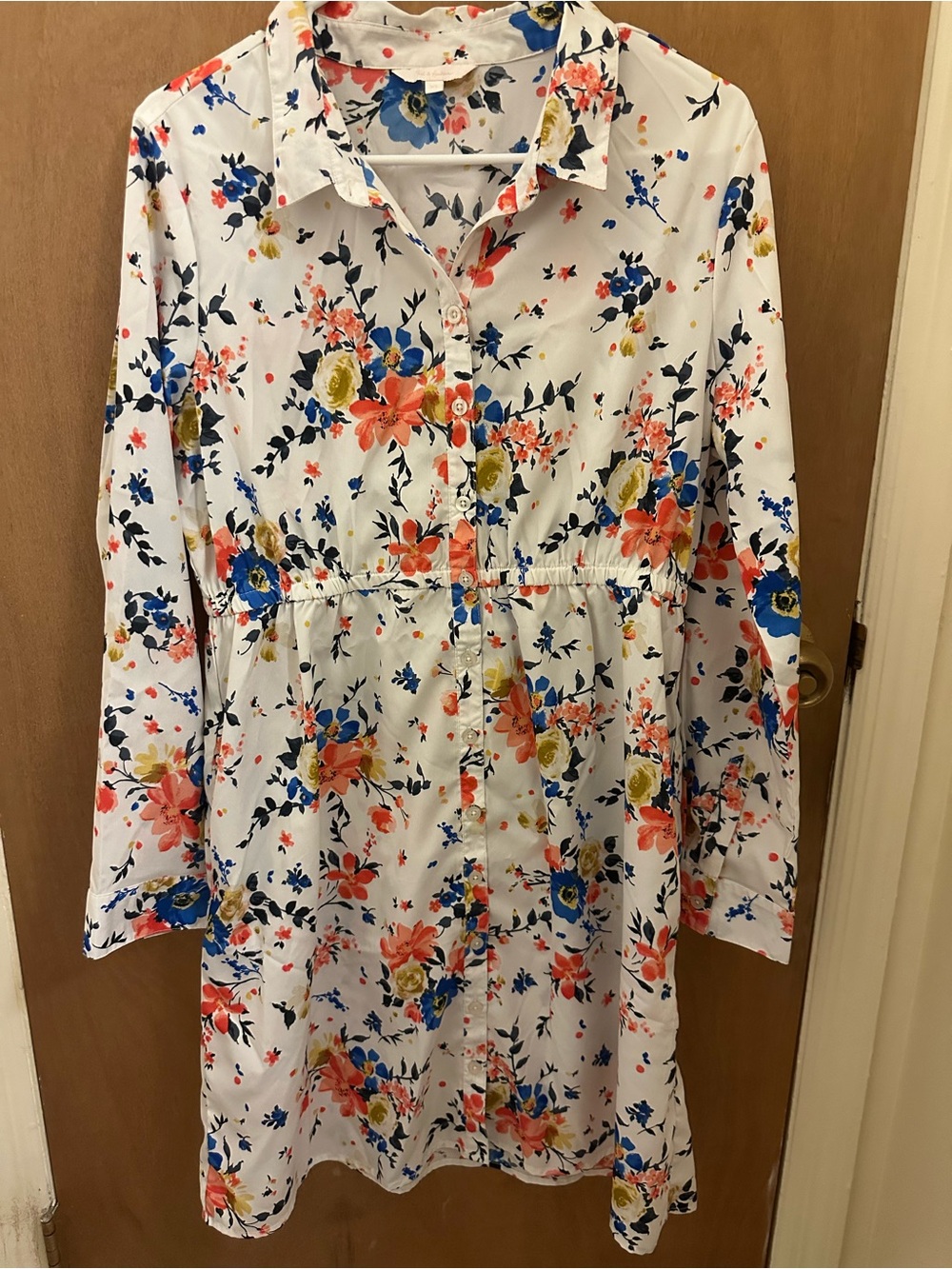 Girls White Floral Button-Front Dress with Coral & Blue Flowers